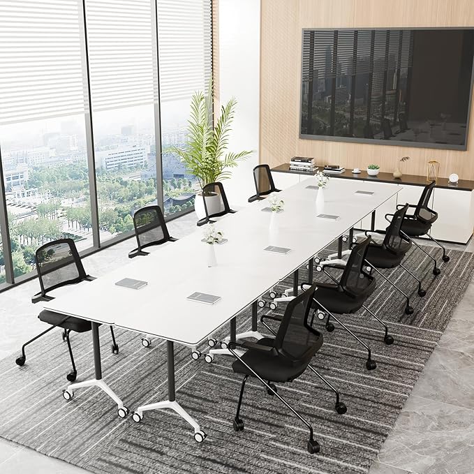 Conference Room Table, Folding Conference Table with Silent Wheels, Modular Flip Top Mobile Training Tables for Office, Training Room, Meeting Rooms, School, 2-16 Person (6, White, 70.8in)