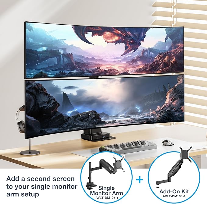 AVLT Single 57 Inch Add-On Monitor Arm Top Mount-Black for Dual & Triple Arm Setup, Fits 1.38" Pole, Super Ultrawide Screen, Supports 59.5lbs (27kg), VESA Compatible, Workspace Upgrade Expansion Arm