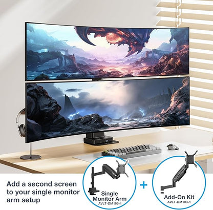 AVLT Single 57 Inch Add-On Monitor Arm Top Mount-Black for Dual & Triple Arm Setup, Fits 1.38" Pole, Super Ultrawide Screen, Supports 59.5lbs (27kg), VESA Compatible, Workspace Upgrade Expansion Arm