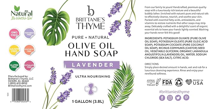 Brittanie's Pure Organic Castile Liquid Olive Oil Soap Refill, Lavender, 1 Gallon | Face, Body Wash, Dishes, Pets & Laundry | Vegan & Gluten Free Non-GMO