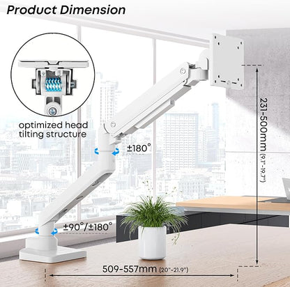 Premium Heavy Duty Monitor Arm for 17 to 49 inch Screens up to 44lbs, Fully Adjustable Ultrawide Single Clamp-on Desk Mount Stand, VESA 75x75/100x100mm (White)