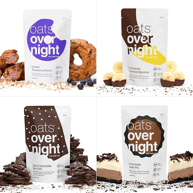 Oats Overnight Dessert Variety Pack - High Protein, High Fiber Breakfast Protein Shake - Gluten Free Oatmeal, Non GMO High Protein Oatmeal - Salted Toffee, Chocolate Satin Pie & More Flavors (24 Pack)