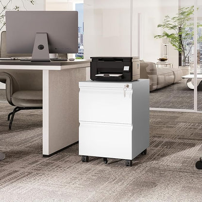 2 Drawers Vertical File Cabinet - Fully Assembled White Under Desk Mobile Filling Cabinet Small Lockable Home Office File Cabinets for A4/Letter/Legal Size