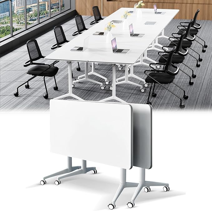 Conference Table,Folding Conference Table with Silent Wheels,Rectangular Business Conference Room Table,for Reception Offices Classrooms Meeting Training Room (2, White, 47.2in)