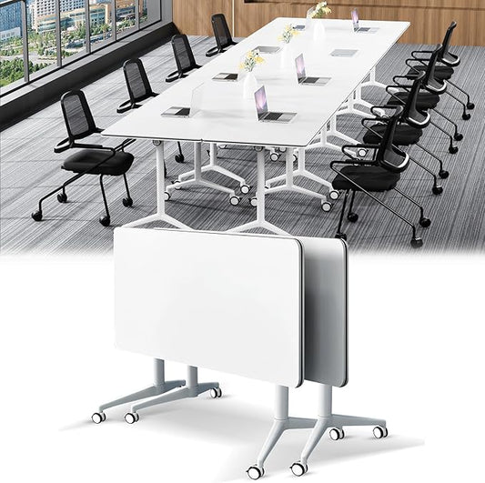 Conference Table,Folding Conference Table with Silent Wheels,Rectangular Business Conference Room Table,for Reception Offices Classrooms Meeting Training Room (2, White, 47.2in)