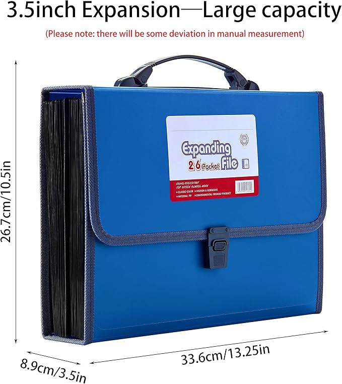 FANWU 26 Pockets Expanding File Accordion Folder with Handle - Letter A4 Paper Size - Expandable Large Plastic File Folder Wallet Monthly Portable Document Organizer with Flap & Buckle (Blue)