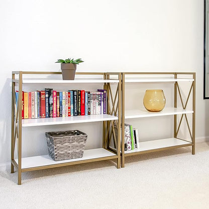 Leick Home Claudette Bookshelf, White Wood, Satin Gold, 3 Shelves, Easy Assembly, 12 in D x 32 in W x 32.25 in H, Item 9261-WTGL