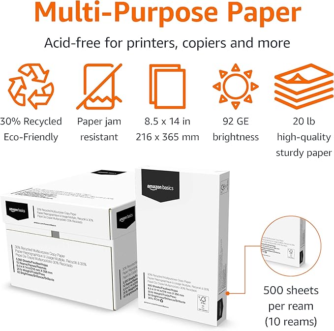 Amazon Basics 30% Recycled Multipurpose Copy Printer Paper, 8.5 x 14 Inches, 20 lb, 10 Ream, (5,000 Sheets), 92 Bright, White