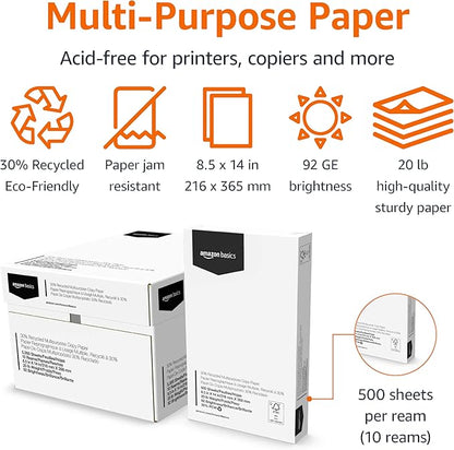 Amazon Basics 30% Recycled Multipurpose Copy Printer Paper, 8.5 x 14 Inches, 20 lb, 10 Ream, (5,000 Sheets), 92 Bright, White