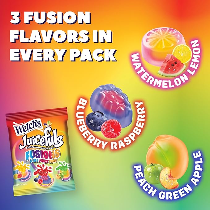 Welch's Fruit Snacks, Juicefuls Fusions, Assorted Fruit Flavor, Stocking Stuffers, Bulk Pack, Gluten Free, Natural Colors & Flavors, 0.8oz (Pack of 50)
