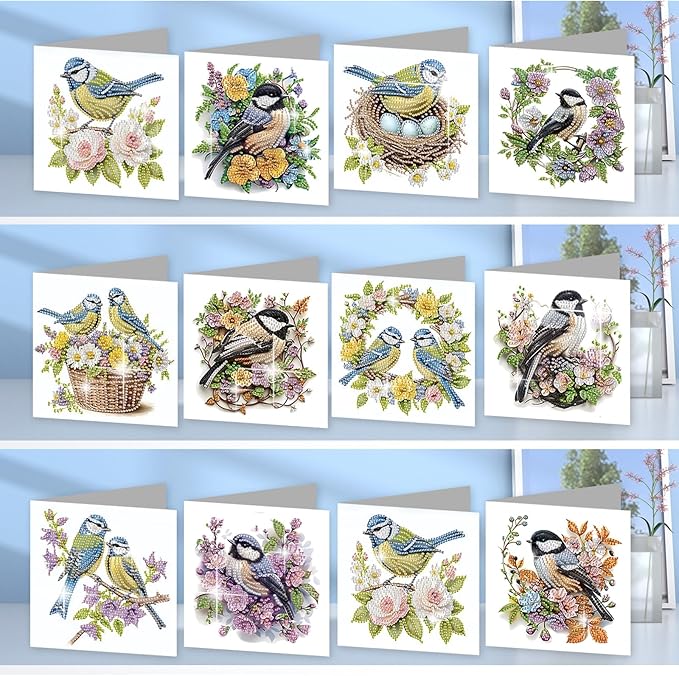 jinglinhh 12pcs Diamond Art Painting Bluebird Flower and Bird Nest Greeting Cards with Envelopes, DIY Card Making Kits for Adults, Diamond Art Postcards Christmas Cards Craft Gifts