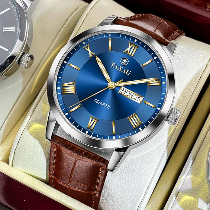 Men's Watch Big Face Easy Read Arabic Numeral Dress Watches for Men Classic Black Brown Leather Band Analog Mens Wrist Watch with Day and Date Fashion Business Waterproof Luminous Quartz Watch