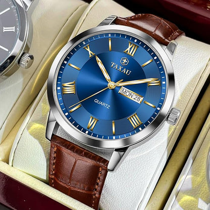 Men's Watch Big Face Easy Read Arabic Numeral Dress Watches for Men Classic Black Brown Leather Band Analog Mens Wrist Watch with Day and Date Fashion Business Waterproof Luminous Quartz Watch