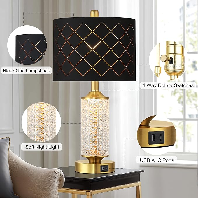 QiMH Set of 2 Table Lamps with USB A+C Ports, Black Grid Shade Modern Bedside Lamp with LED Night Light for Bedroom, Nightstand Lamps for Living Room Office, Gold(2 Bulbs Included)