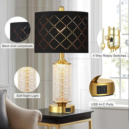 QiMH Set of 2 Table Lamps with USB A+C Ports, Black Grid Shade Modern Bedside Lamp with LED Night Light for Bedroom, Nightstand Lamps for Living Room Office, Gold(2 Bulbs Included)
