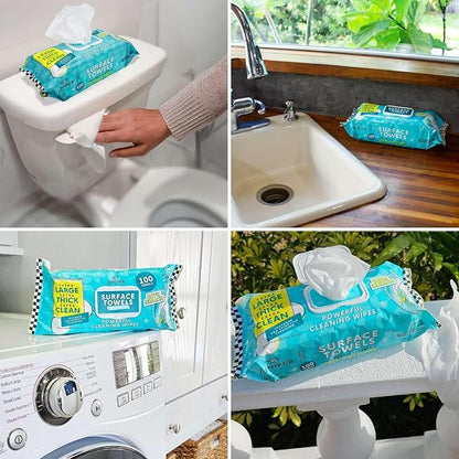 3 Packs Surface Wipes with Bleach, Thick & Large Dispose, All-Purpose Cleaner for Bathroom, Kitchen, Office, 300 Count Soft Flow, Biodegradable, Fresh Scent