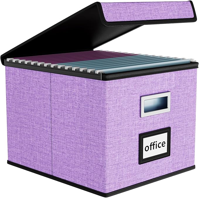 Huolewa Decorative File Organizer Storage Box with Lid, Linen Hanging Filing & Storage Box with Plastic Slide for Office/Decor/Hom, Universal Hanging Filing Organization Box for Letter/Legal Folder