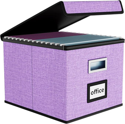 Huolewa Decorative File Organizer Storage Box with Lid, Linen Hanging Filing & Storage Box with Plastic Slide for Office/Decor/Hom, Universal Hanging Filing Organization Box for Letter/Legal Folder