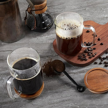 DRASTAR Glass Coffee Mugs, 20 oz Clear Coffee Cups, Coffee Mug with Acacia Wood Lid, Tea Glass Cups with Handles, Large Coffee Mug Set of 4, Glass Coffee Cups for Latte, Espresso, Tea