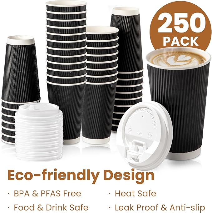 Fit Meal Prep 250 Pack 16 oz Black Disposable Coffee Cups with Lids & Stirrers, Corrugated Triple Wall To Go Hot Cups, Insulated Paper Coffee Cups for Hot Beverages, Travel, Home, Office (White Lids)