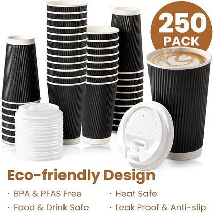 Fit Meal Prep 250 Pack 16 oz Black Disposable Coffee Cups with Lids & Stirrers, Corrugated Triple Wall To Go Hot Cups, Insulated Paper Coffee Cups for Hot Beverages, Travel, Home, Office (White Lids)