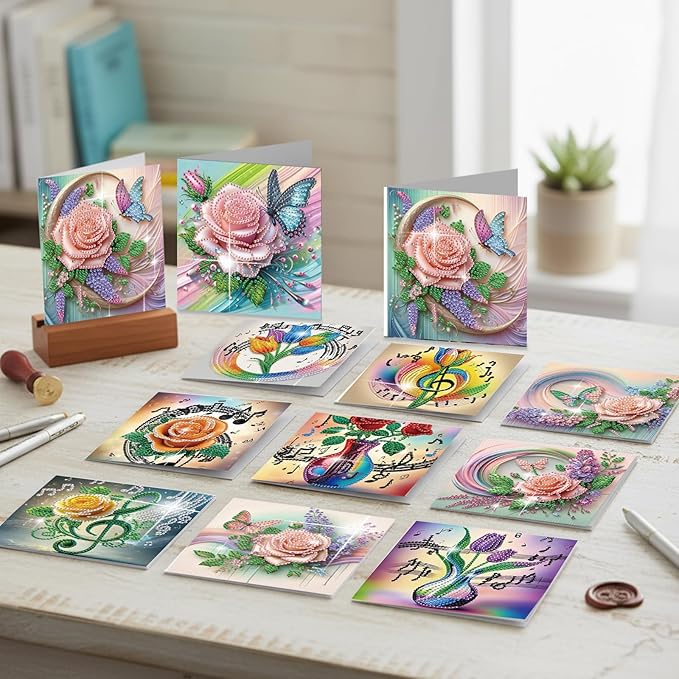 jinglinhh 12pcs Diamond Art Painting Romantic Rose Tulip Flower Bouquet Musical Notes Greeting Cards with Envelopes, DIY Card Making Kits for Adults, Diamond Art Postcards Christmas Cards Craft Gifts