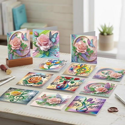 jinglinhh 12pcs Diamond Art Painting Romantic Rose Tulip Flower Bouquet Musical Notes Greeting Cards with Envelopes, DIY Card Making Kits for Adults, Diamond Art Postcards Christmas Cards Craft Gifts