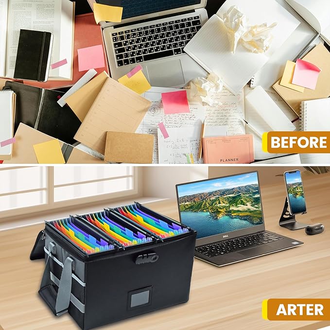 File Box with Hanging Folders Important Fireproof Document Organizer with Lock Collapsible Portable File Box with Handle for Home or Office for Hanging Letter & Legal Folder