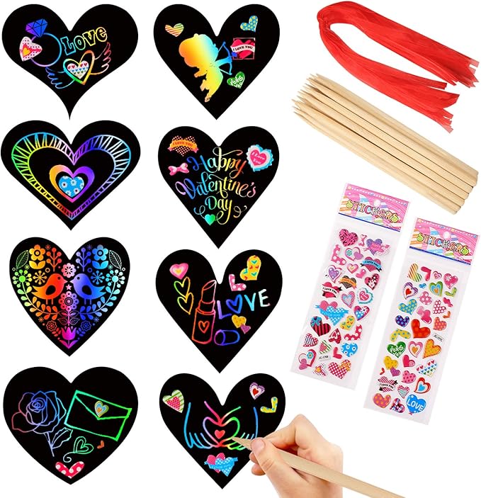 28 Pieces Valentine Crafts Scratch Paper Ornaments Heart Shape Rainbow Scratch Craft Art, with 28 Pieces Wooden Styluses,28 Pieces Ribbons, and 2 3D Puffy Stickers, for Valentine DIY Art Decorations