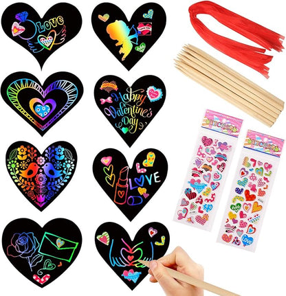28 Pieces Valentine Crafts Scratch Paper Ornaments Heart Shape Rainbow Scratch Craft Art, with 28 Pieces Wooden Styluses,28 Pieces Ribbons, and 2 3D Puffy Stickers, for Valentine DIY Art Decorations