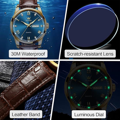 Men's Casual Leather Watch, Easy to Read Three-Hand Analog Stainless Steel Watches for Men, Minimalist Day Date Waterproof Luminous Mens Quartz Wristwatch