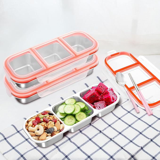 4 Pack Stainless Steel Snack Containers, 3 Compartment Metal Snack Container with Lids, Stackable Leak Proof Lunch Box for Home, Camping, Office,Work(3 Grid Lunch Box)