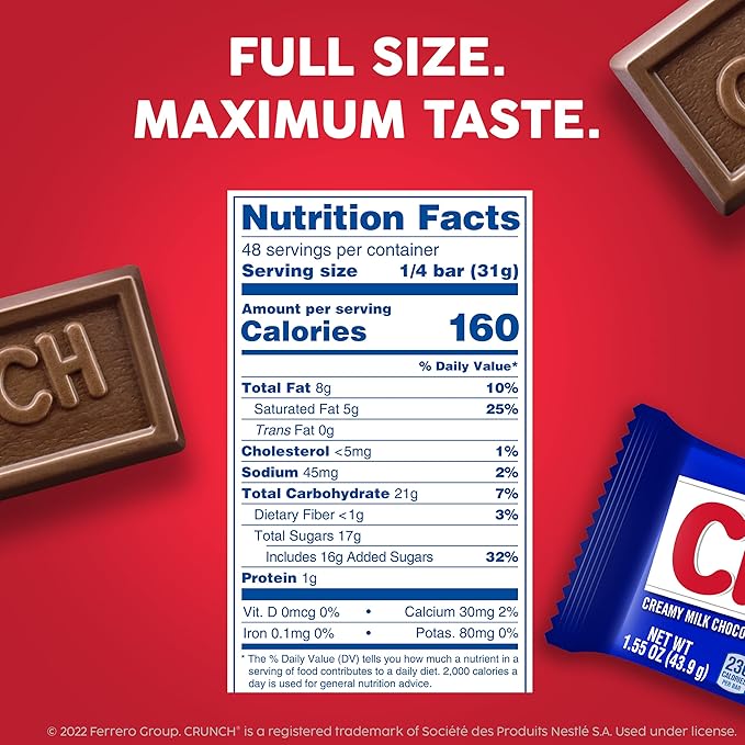 CRUNCH, Bulk 12 Pack, Milk Chocolate and Crisped Rice, Full Size Holiday Candy Bars, Stocking Stuffers, Individually Wrapped, 52.8 oz