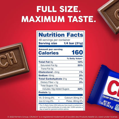 CRUNCH, Bulk 12 Pack, Milk Chocolate and Crisped Rice, Full Size Holiday Candy Bars, Stocking Stuffers, Individually Wrapped, 52.8 oz