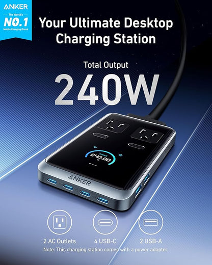 Anker Prime Charging Station, 240W 8-in-1 Power Strip, 5ft Detachable Extension Cord with Multiple Outlets, 2 AC, 4 USB C, 2 USB A, for iPhone, MacBook, Desk Accessories, Home Office (Not for Travel)