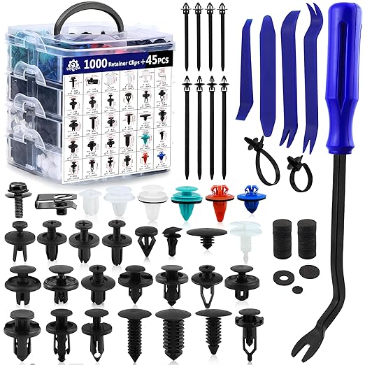 Car Push Retainer Clips 1045PCS Auto Fasteners Assortment-30 Most Popular Sizes Nylon Bumper Fender Rivets with 10 Cable Ties and Blue Fastener Remover for Ford GM Toyota Honda Chrysler Benz Nissan