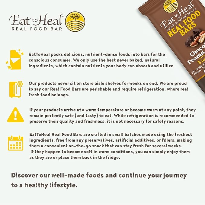 EatToHeal Chocolate Peanut Butter Real Food Bar - Organic Vegan Healthy Gluten Free Protein Bars - Low Sugar Meal Replacement Bar, Non GMO, Never Baked, Plant Based - Crafted to Enjoy