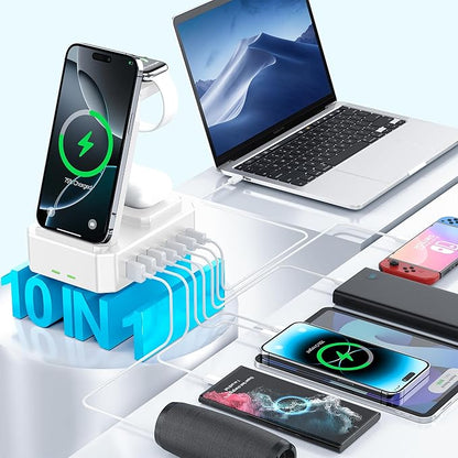 300W Charging Station for Multiple Devices Apple, Zutspzss 10 in 1 Wireless Charger for iPhone 17, GaN III USB C 65W PD Fast Charging Stand Dock for MacBook, Apple Watch&Airpods,White