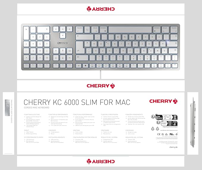 CHERRY KC 6000 Slim Keyboard Made with Mac Layout. with 12 Apple Specific Functions. Scissor Tech Typing for Near Silent. Alternative to Magic Keyboards. USB-A Wired. US Layout White and Silver.
