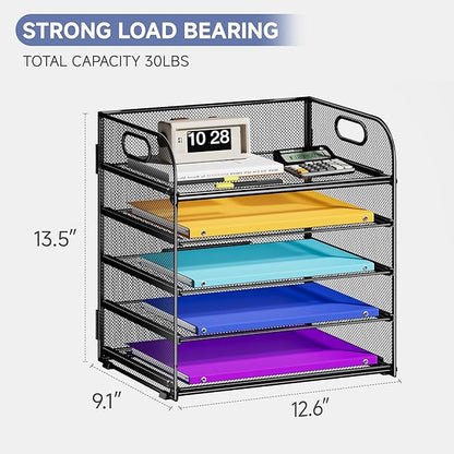 5 Tier Paper Organizer with Handle, Metal Mesh Desk Organizer File Folder Paper Letter Tray Desktop Document Sorter for Classroom, School, Office Accessories Organization and Storage - Black