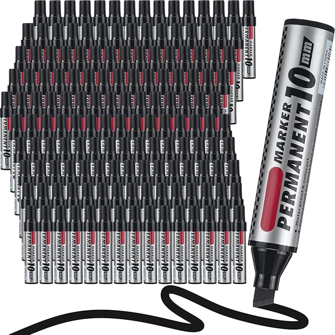 Patelai 150 Pack Jumbo Size Markers Bulk Black 10mm Chisel Tip Large Marker Pens Waterproof Quick Dry Pen for Industrial Art, Work on Metal Wood Plastic Glass