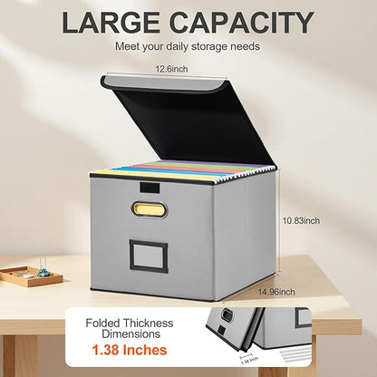 Collapsible File Box with Lid & Plastic Slide - Hanging Document Organizer for Office/Home, 14.96x12.6x10.83 Inch,Decorative Home File Bin,Light Grey,2 Pack (No Folders Included)