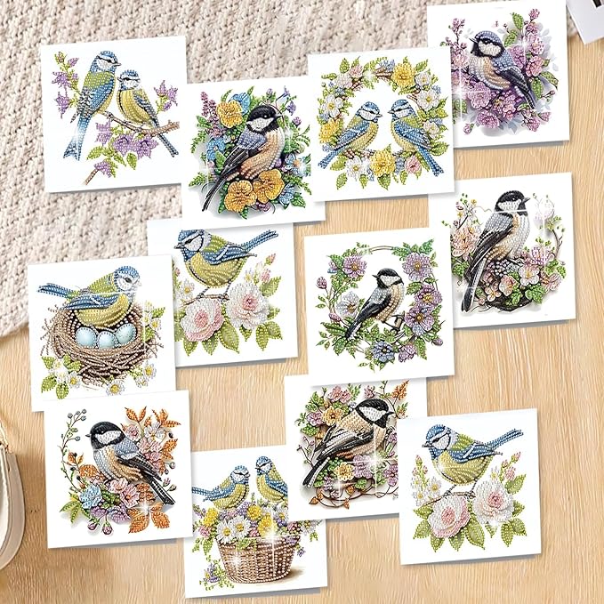 jinglinhh 12pcs Diamond Art Painting Bluebird Flower and Bird Nest Greeting Cards with Envelopes, DIY Card Making Kits for Adults, Diamond Art Postcards Christmas Cards Craft Gifts