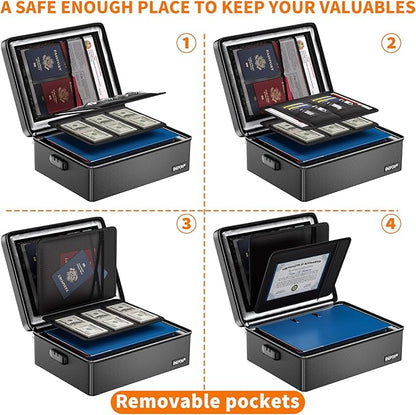 ENGPOW Fireproof Document Box, Hard Case File Box with Fireproof Zipper＆Lock, 6400°F Heat Insulated Fire and Water Resistant Portable File Organizer Storage Home Safe for Documents Laptop Cash Black