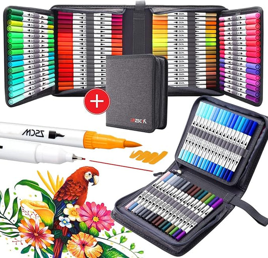 ZSCM 100 Colors Duo Tip Brush Markers Art Pen Set, Artist Fine and Brush Tip Colored Pens, for Adult Coloring Books Christmas Cards Drawing, Note taking Lettering Calligraphy Journaling