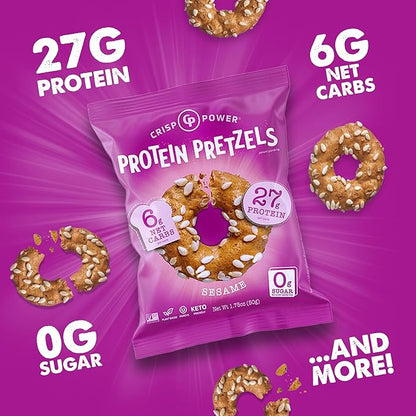 Crisp Power Protein Pretzels, Sesame, High Protein Vegan Keto Snack, 27 G Plant Based Protein, Low Carb Crunchy Pretzel Snacks, No Added Sugar, No Seed Oils, 1.75 oz Bags, 6 Pack