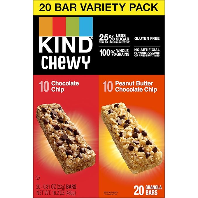 KIND Chewy Granola Bars, Variety Pack, Chocolate Chip and Peanut Butter Chocolate Chip, Gluten Free, 100 Calories, Whole Grains and Oats, 20 Count (Pack of 2)