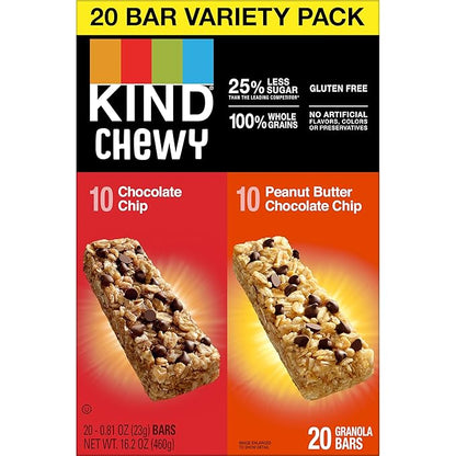 KIND Chewy Granola Bars, Variety Pack, Chocolate Chip and Peanut Butter Chocolate Chip, Gluten Free, 100 Calories, Whole Grains and Oats, 20 Count (Pack of 2)