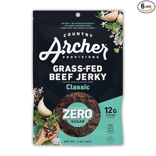 Country Archer Grass Fed Beef Jerky - Zero Sugar Beef Jerky, Sugar Free Beef Jerky Snack Pack, Beef Jerky Bulk, Individual Beef Jerky Packs, Gluten Free, Paleo - Classic Flavor, 2 oz (Pack of 6)