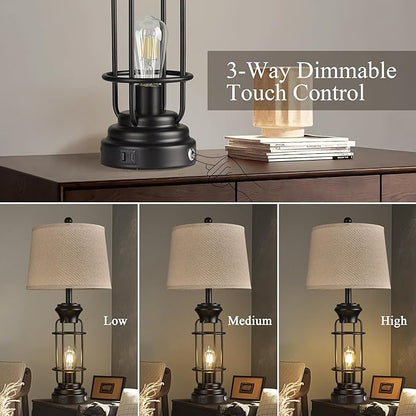 Table Lamp Set of 2 with USB Ports, 28" Tall Farmhouse Table Lamp with 2 Nightlight Bulbs,Touch Control Table Lamps for Bedroom, Rustic Bedside Lamp for End Tables,Bulbs Included,Black
